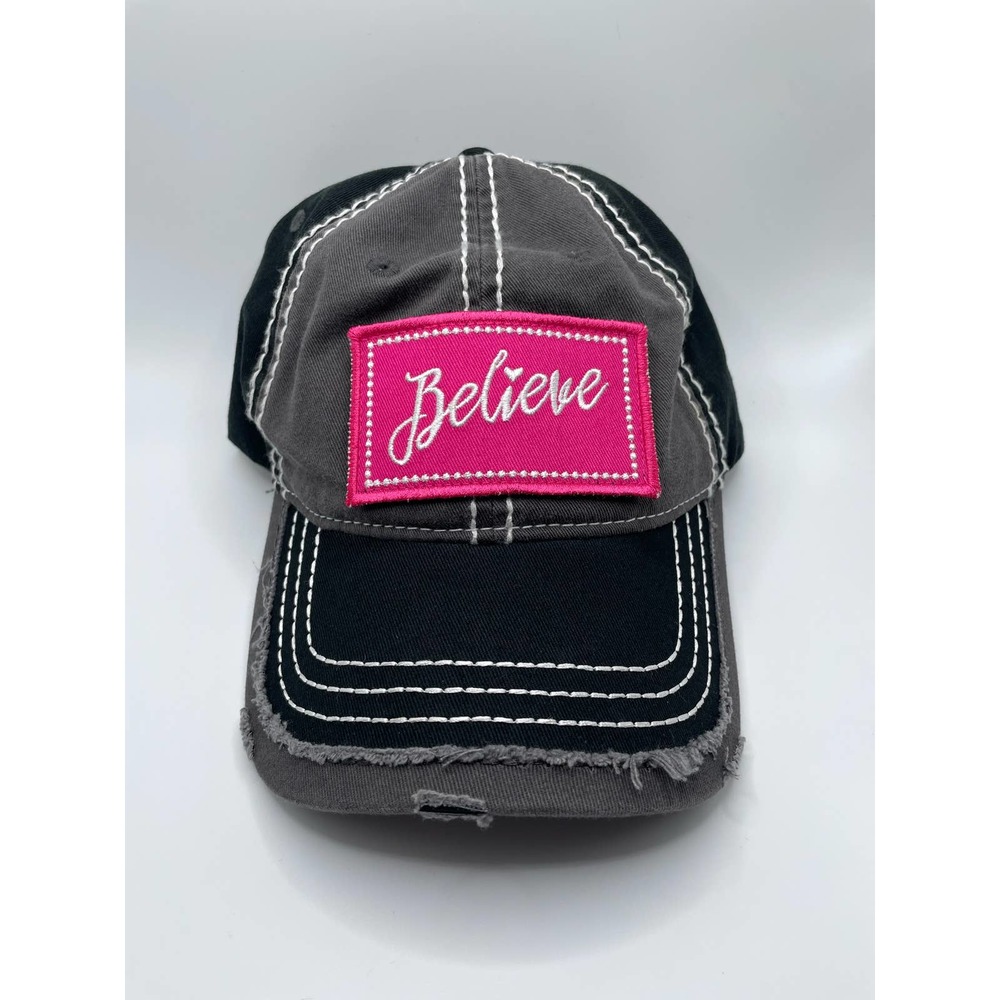 if. Believe Baseball Cap, Black White Gray Fringe One Size Women’s Hat